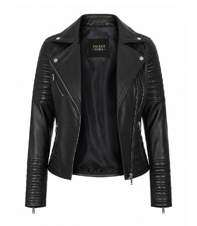 Women's Black Cropped Leather Biker Jacket Front - Jacket Aura