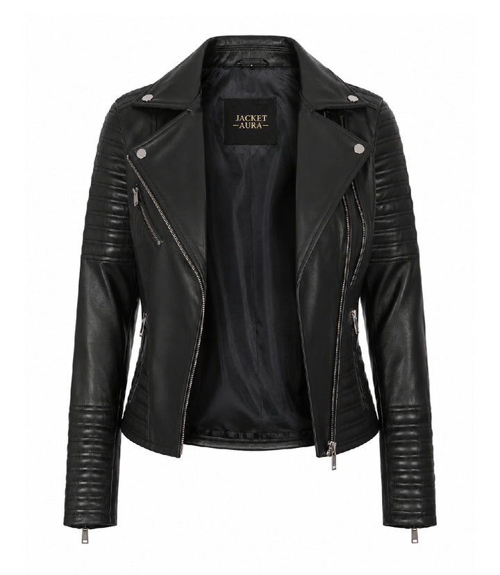 Women's Black Cropped Leather Biker Jacket Front - Jacket Aura