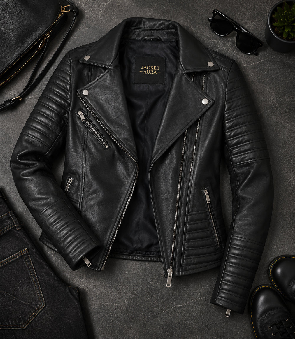 Women's Black Cropped Leather Biker Jacket Front View - Jacket Aura