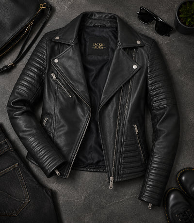 Women's Black Cropped Leather Biker Jacket Front View - Jacket Aura