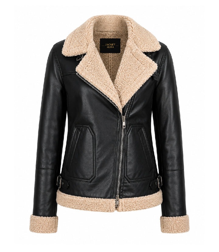 Womens Black Faux Fur Lined Leather Jacket - Jacket aura