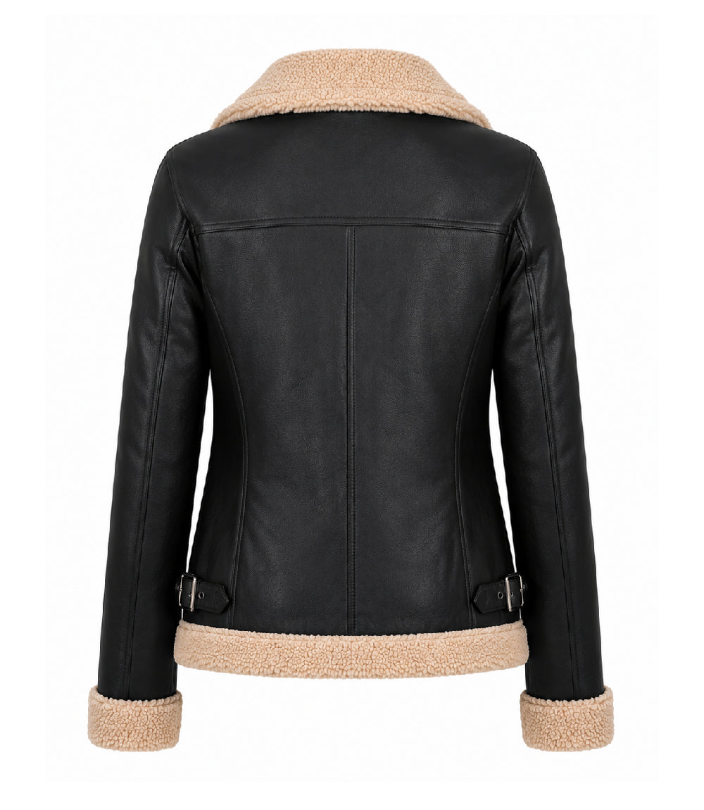 Womens Black Faux Fur Lined Leather Jacket Back - Jacket Aura