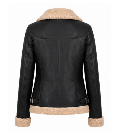 Womens Black Faux Fur Lined Leather Jacket Back - Jacket Aura
