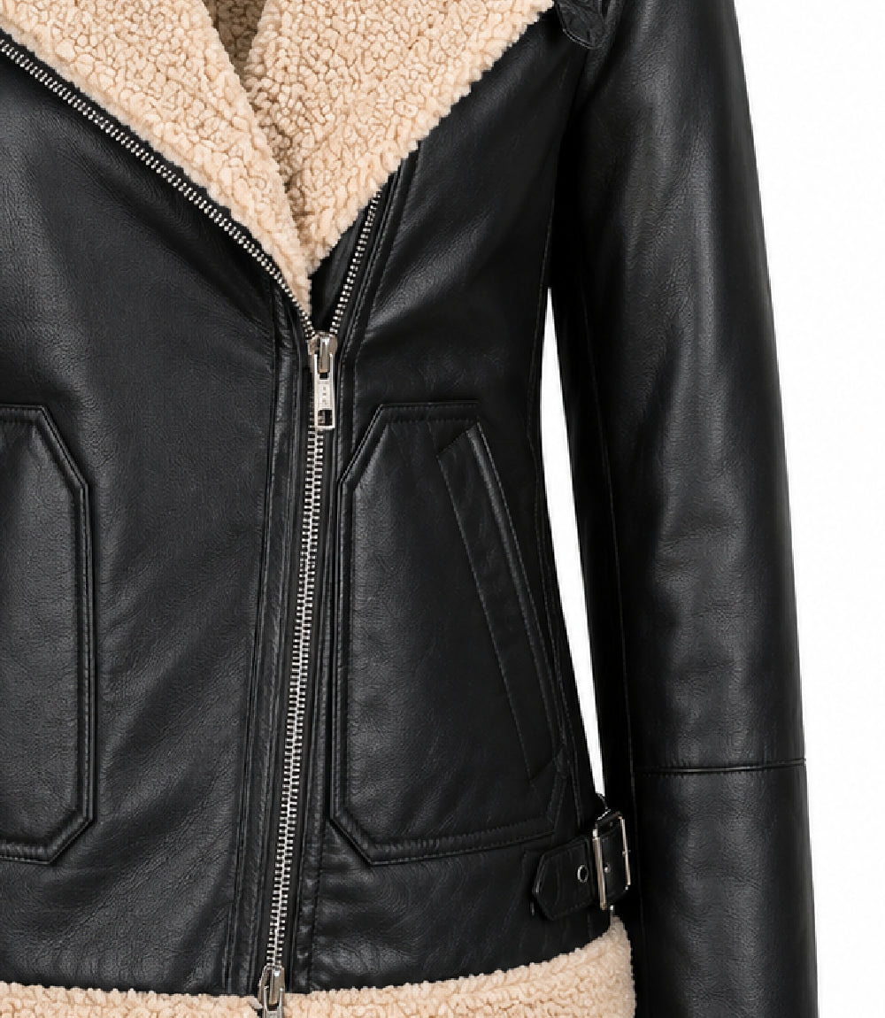 Womens Black Faux Fur Lined Leather Jacket Closeup - Jacket Aura