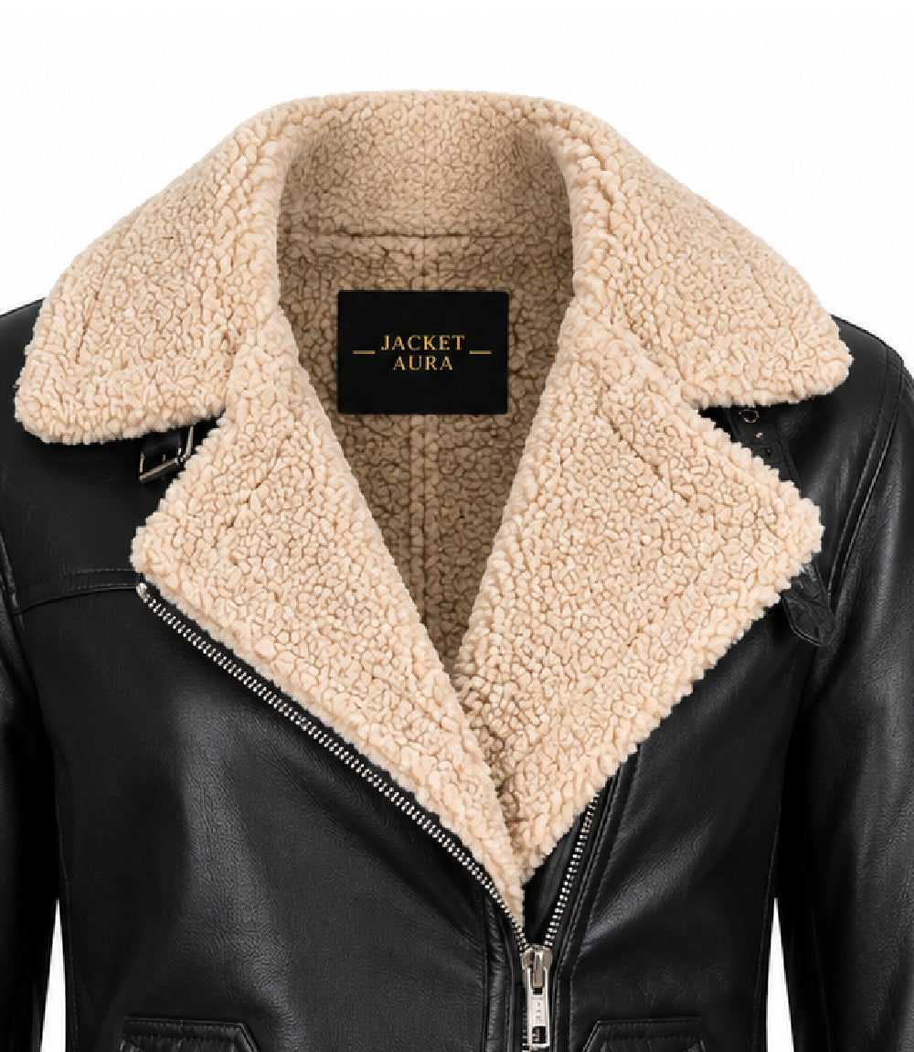 Womens Black Faux Fur Lined Leather Jacket Collar - Jacket Aura