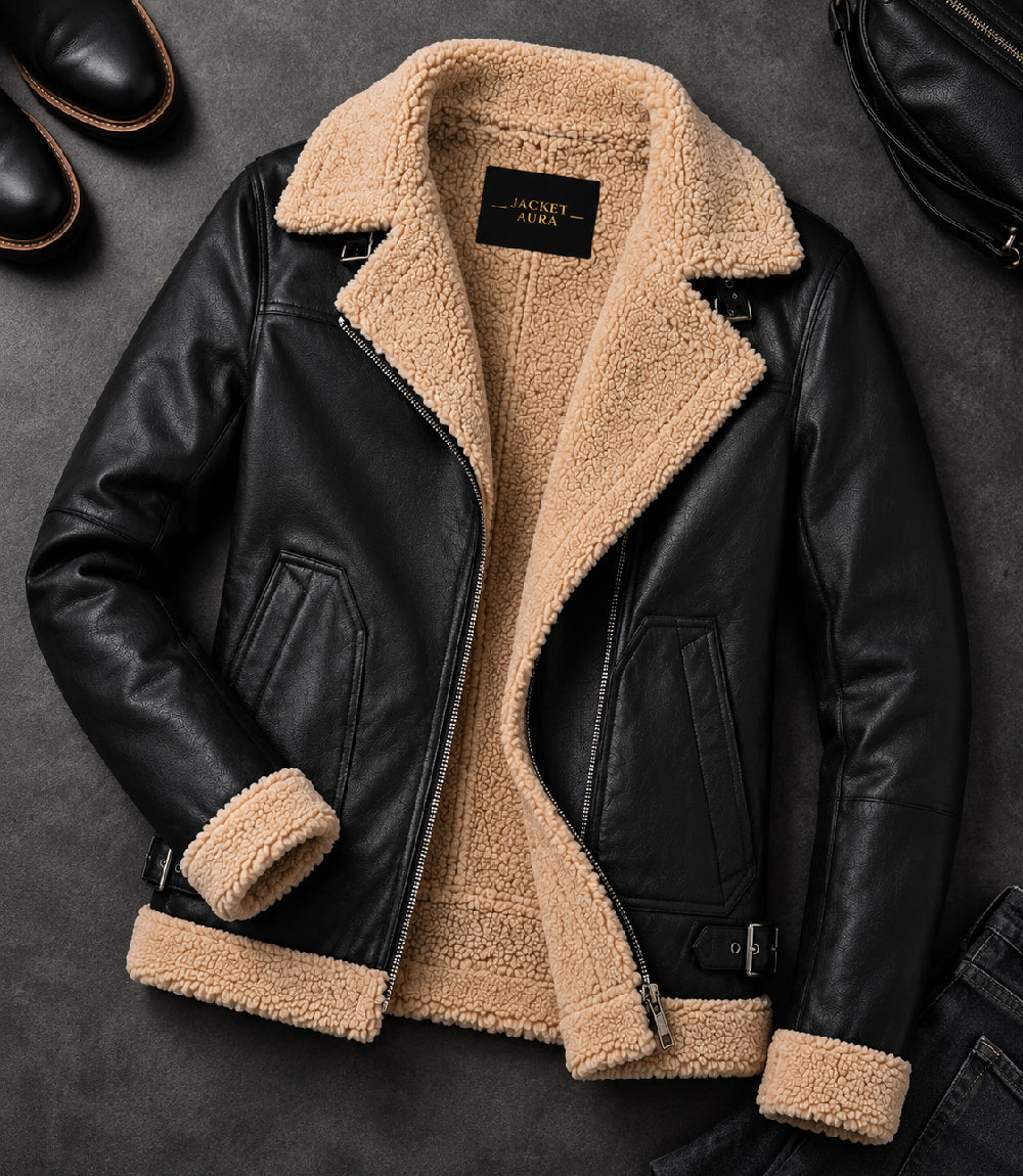 Womens Black Faux Fur Lined Leather Jacket Front View - Jacket Aura