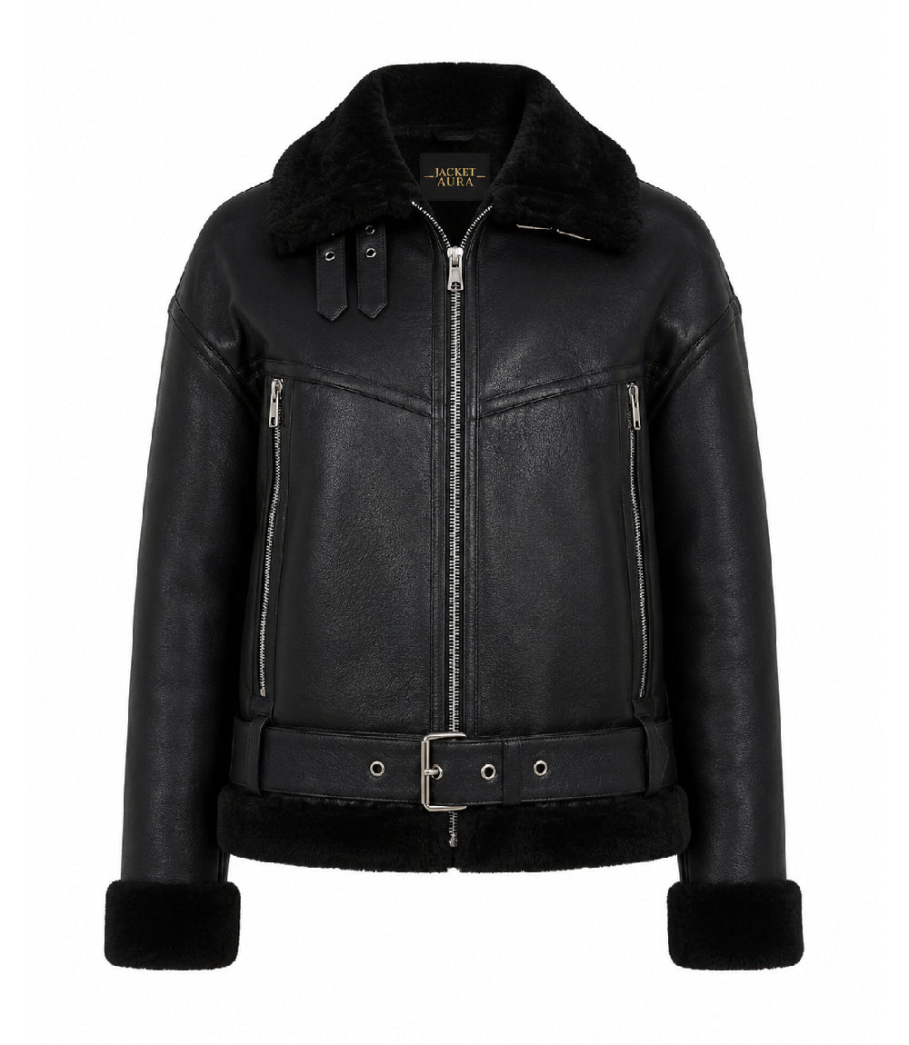 Women's Black Fur And Shearling Jacket - Jacket Aura