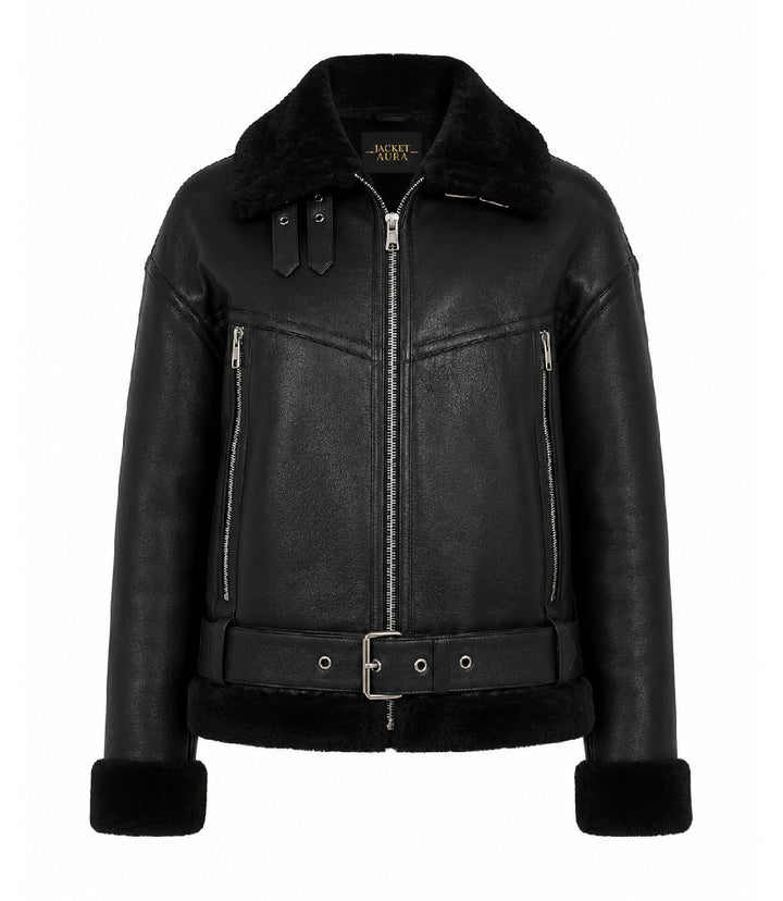 Women's Black Fur And Shearling Jacket - Jacket Aura