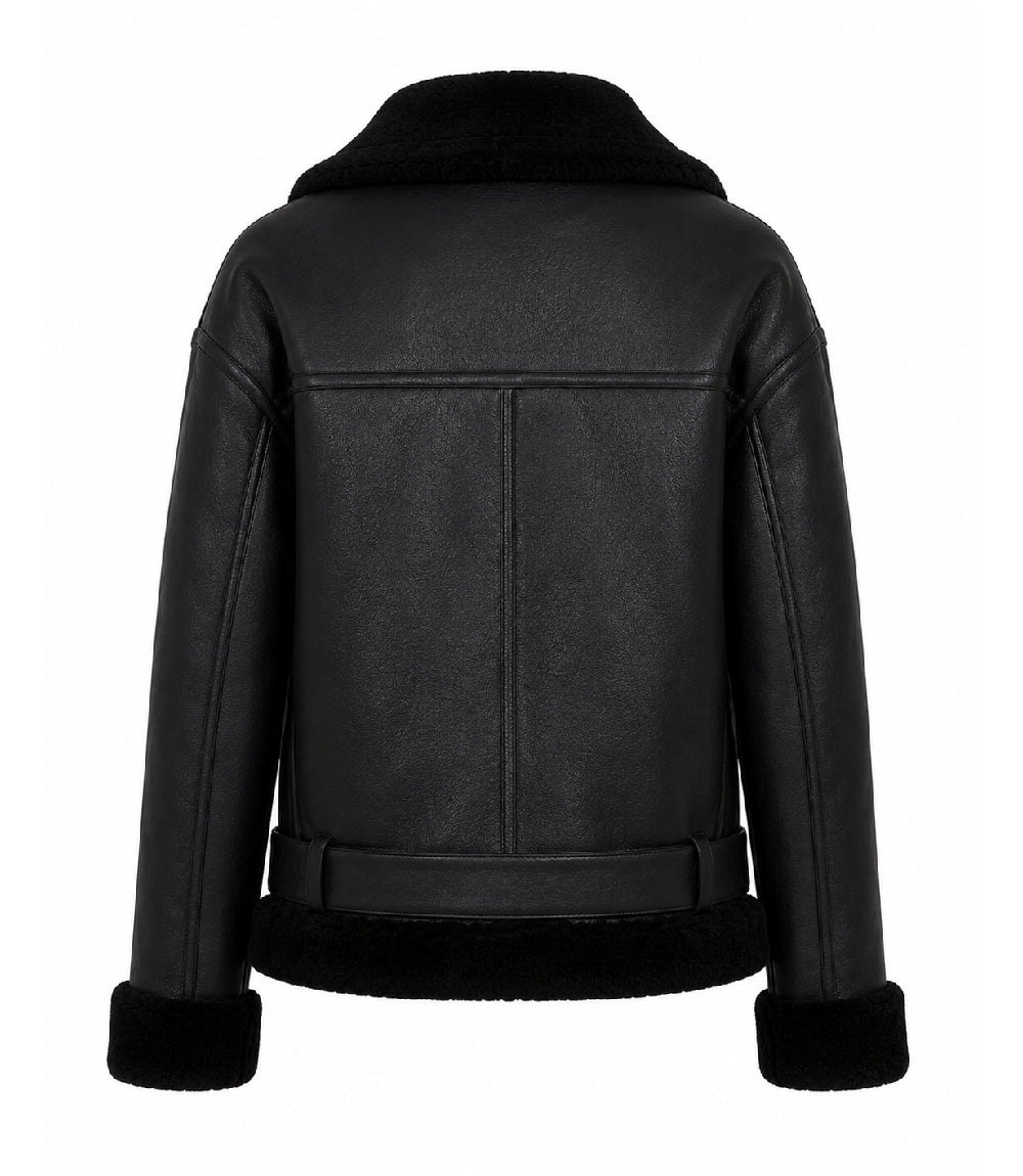 Women's Black Fur And Shearling Jacket Back - Jacket Aura