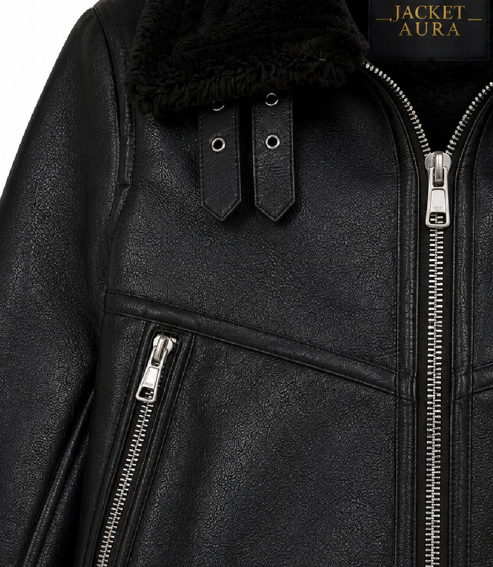 Women's Black Fur And Shearling Jacket Closeup - Jacket Aura