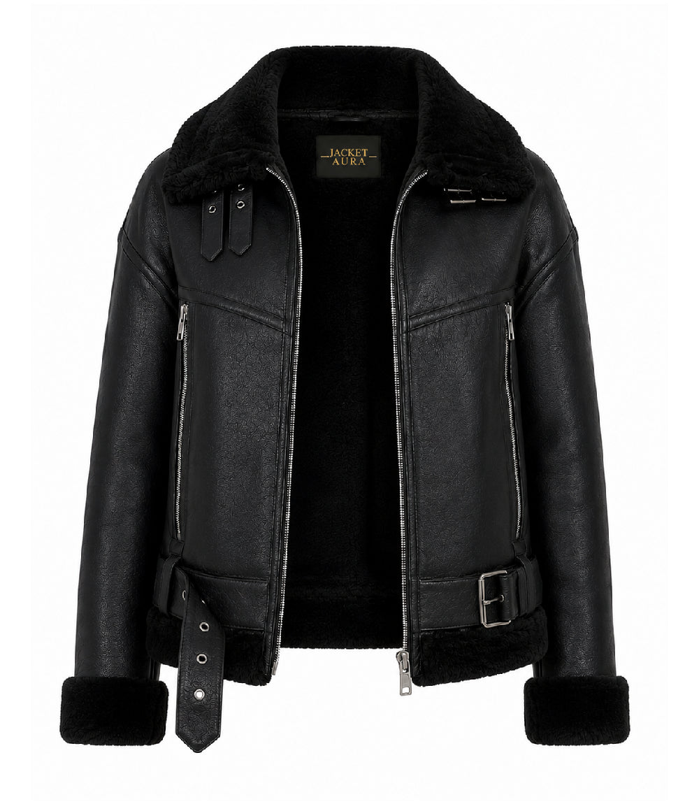 Women's Black Fur And Shearling Jacket Front - Jacket Aura