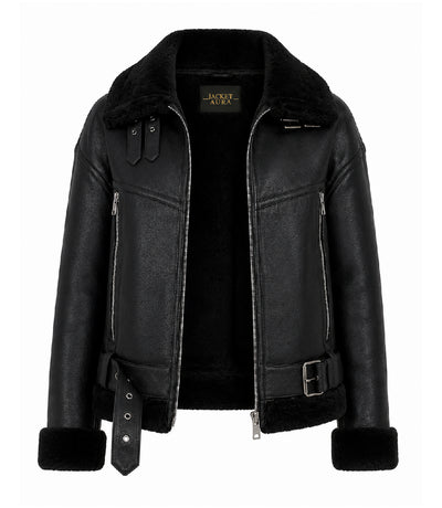 Women's Black Fur And Shearling Jacket Front - Jacket Aura