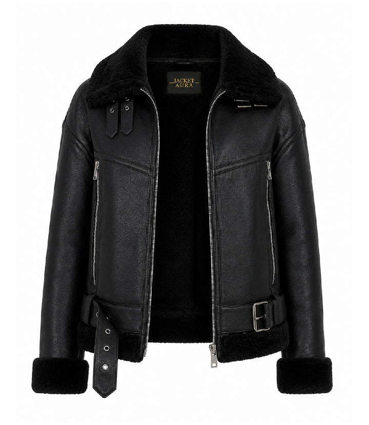 Women's Black Fur And Shearling Jacket Front - Jacket Aura