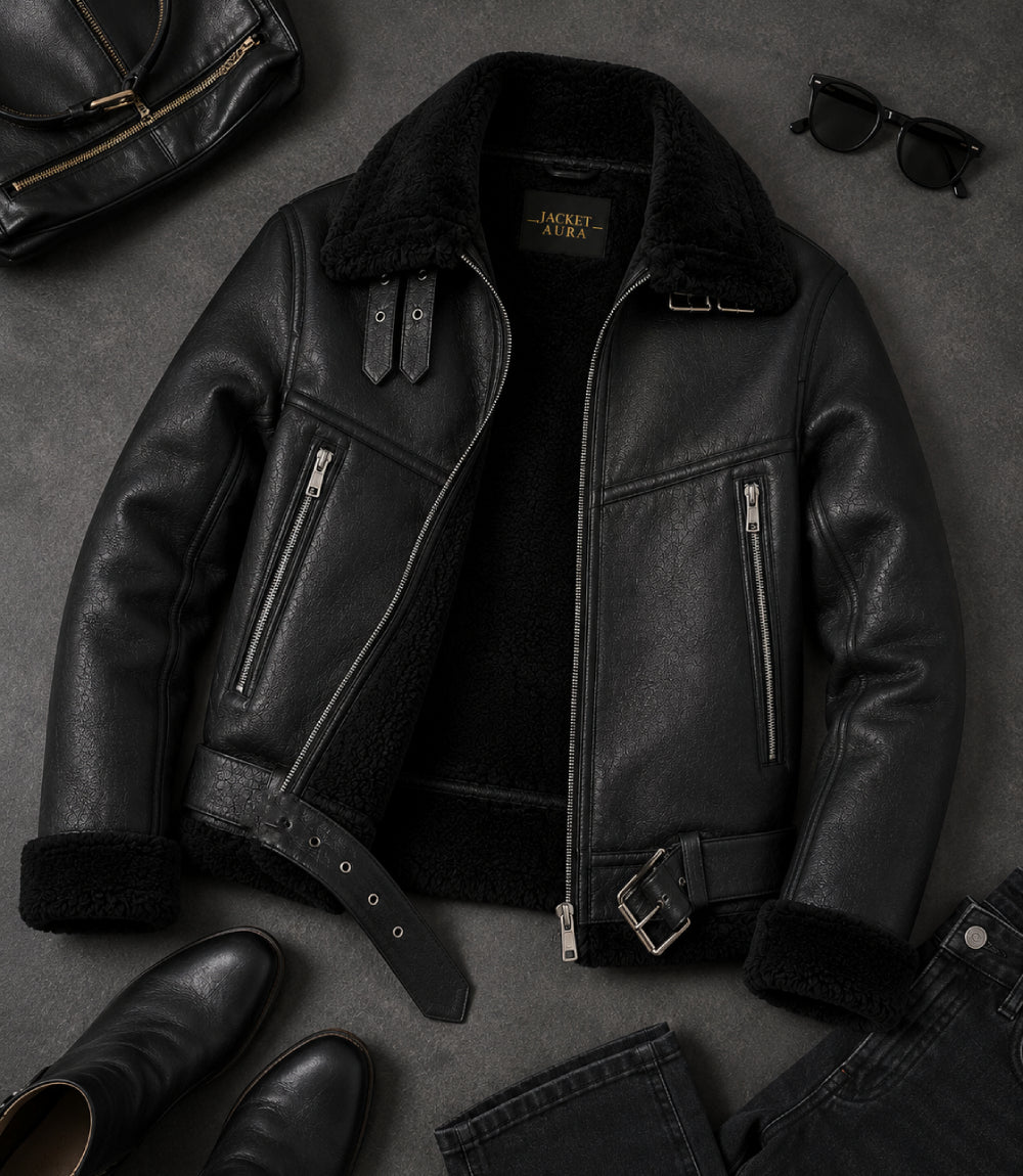 Women's Black Fur And Shearling Jacket Front View - Jacket Aura