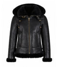 Women's Black Hooded Leather Aviator Jacket - Jacket Aura