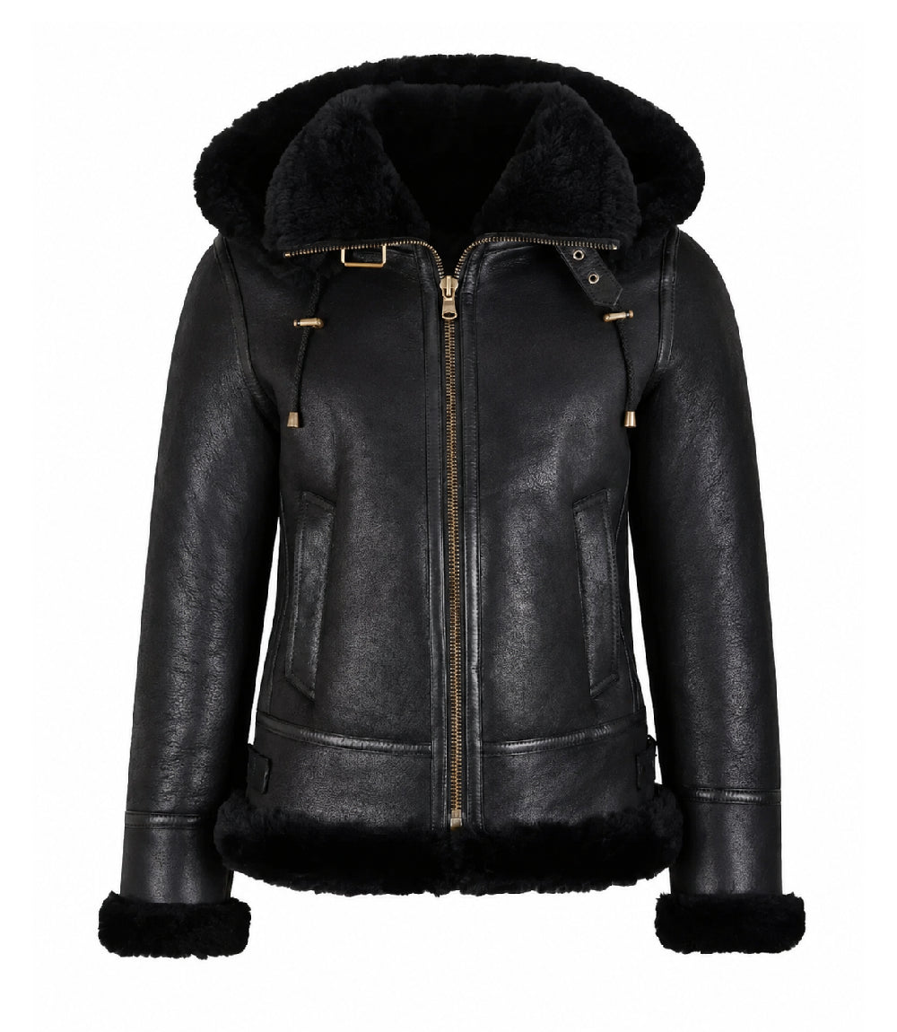 Women's Black Hooded Leather Aviator Jacket - Jacket Aura