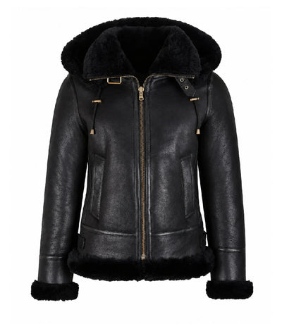Women's Black Hooded Leather Aviator Jacket - Jacket Aura