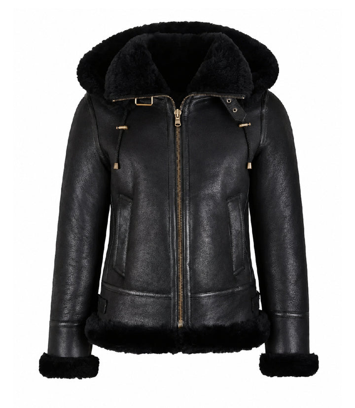 Women's Black Hooded Leather Aviator Jacket - Jacket Aura