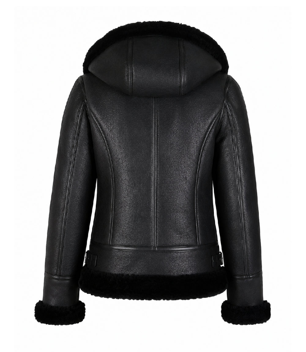 Women's Black Hooded Leather Aviator Jacket Back  - Jacket Aura