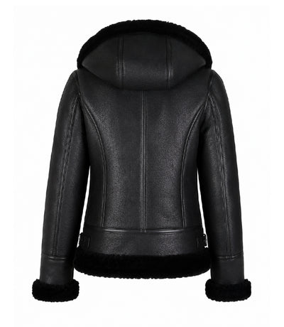Women's Black Hooded Leather Aviator Jacket Back  - Jacket Aura