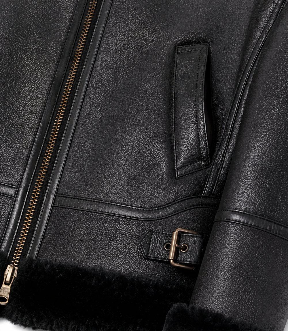 Women's Black Hooded Leather Aviator Jacket Closeup - Jacket Aura
