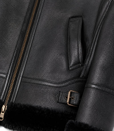 Women's Black Hooded Leather Aviator Jacket Closeup - Jacket Aura