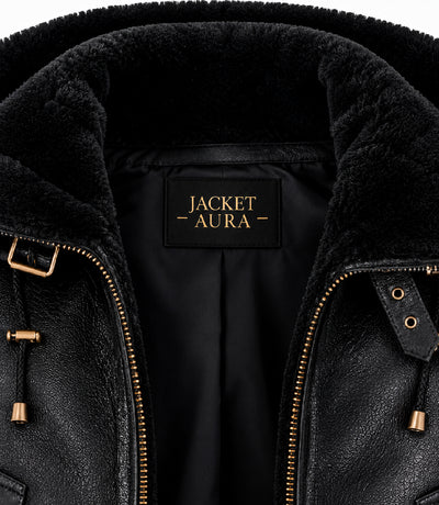 Women's Black Hooded Leather Aviator Jacket Collar - Jacket Aura