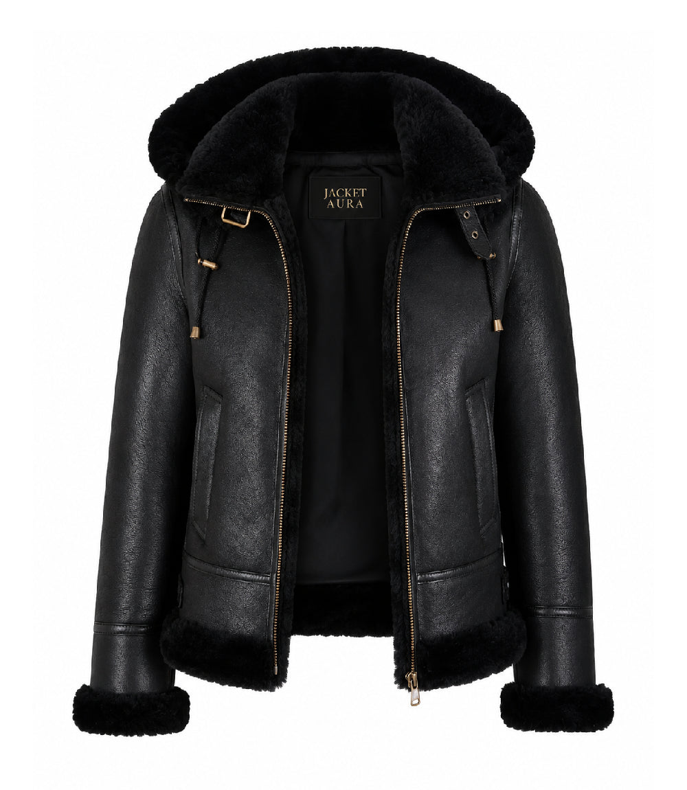 Women's Black Hooded Leather Aviator Jacket Front - Jacket Aura
