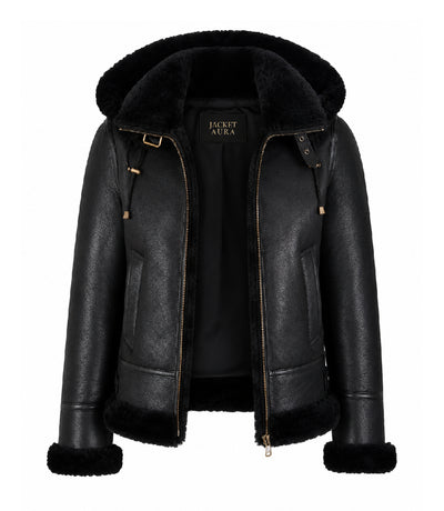 Women's Black Hooded Leather Aviator Jacket Front - Jacket Aura