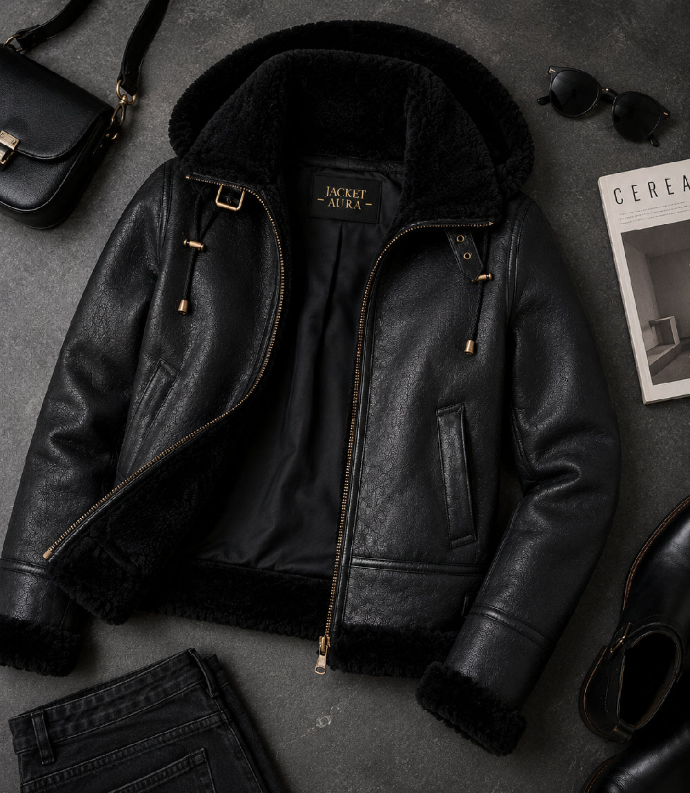Women's Black Hooded Leather Aviator Jacket Front View - Jacket Aura