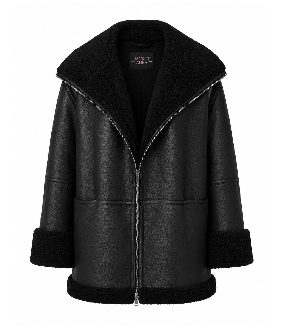 Womens Black Oversized Shearling Leather Jacket - Jacket Aura