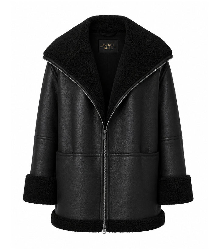 Womens Black Oversized Shearling Leather Jacket - Jacket Aura