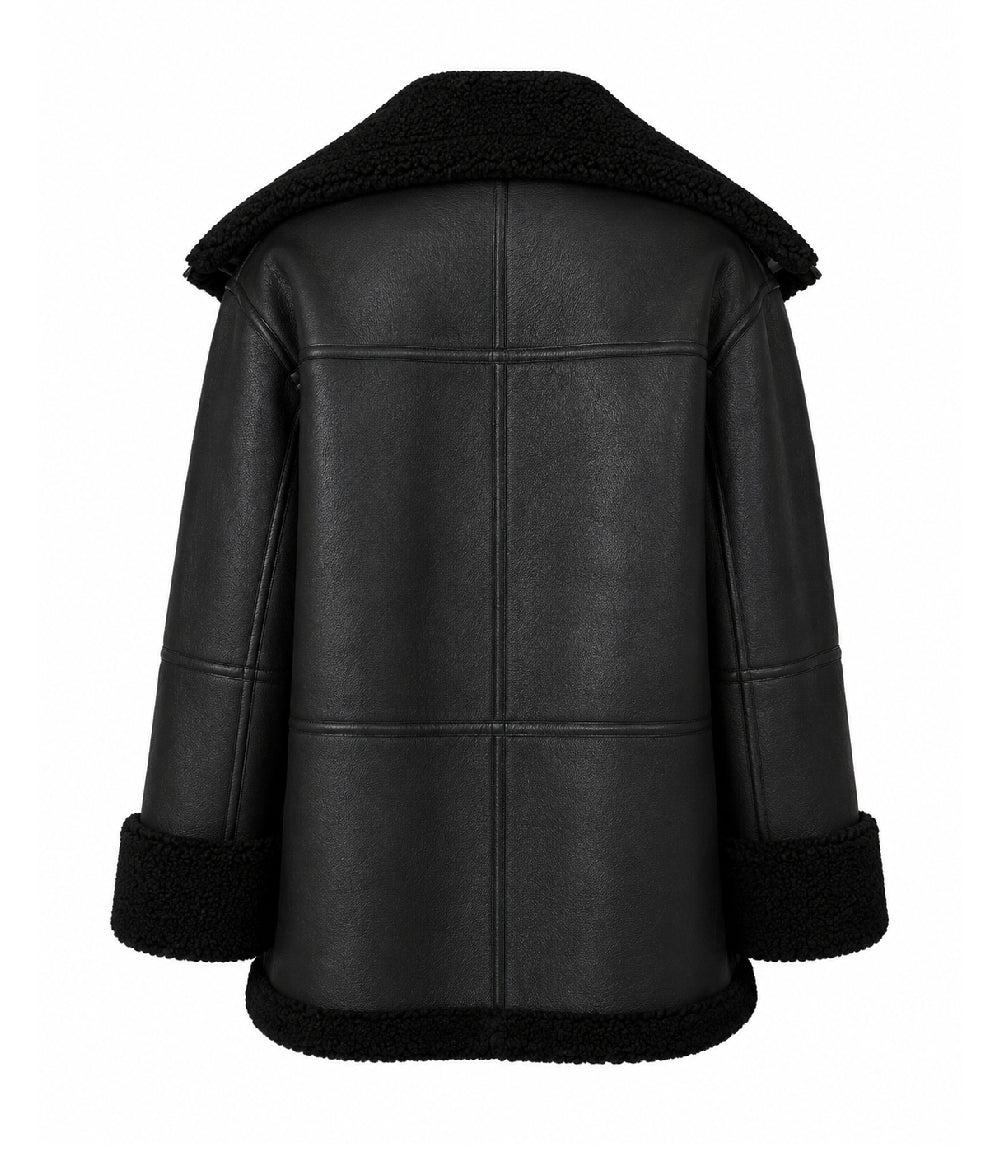 Women's Black Oversized Shearling Leather Jacket Back - Jacket Aura
