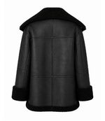 Women's Black Oversized Shearling Leather Jacket Back - Jacket Aura