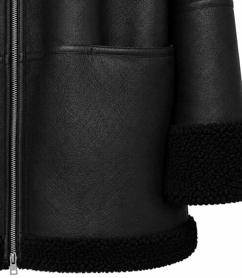Women's Black Oversized Shearling Leather Jacket Closeup - Jacket Aura