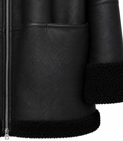 Women's Black Oversized Shearling Leather Jacket Closeup - Jacket Aura