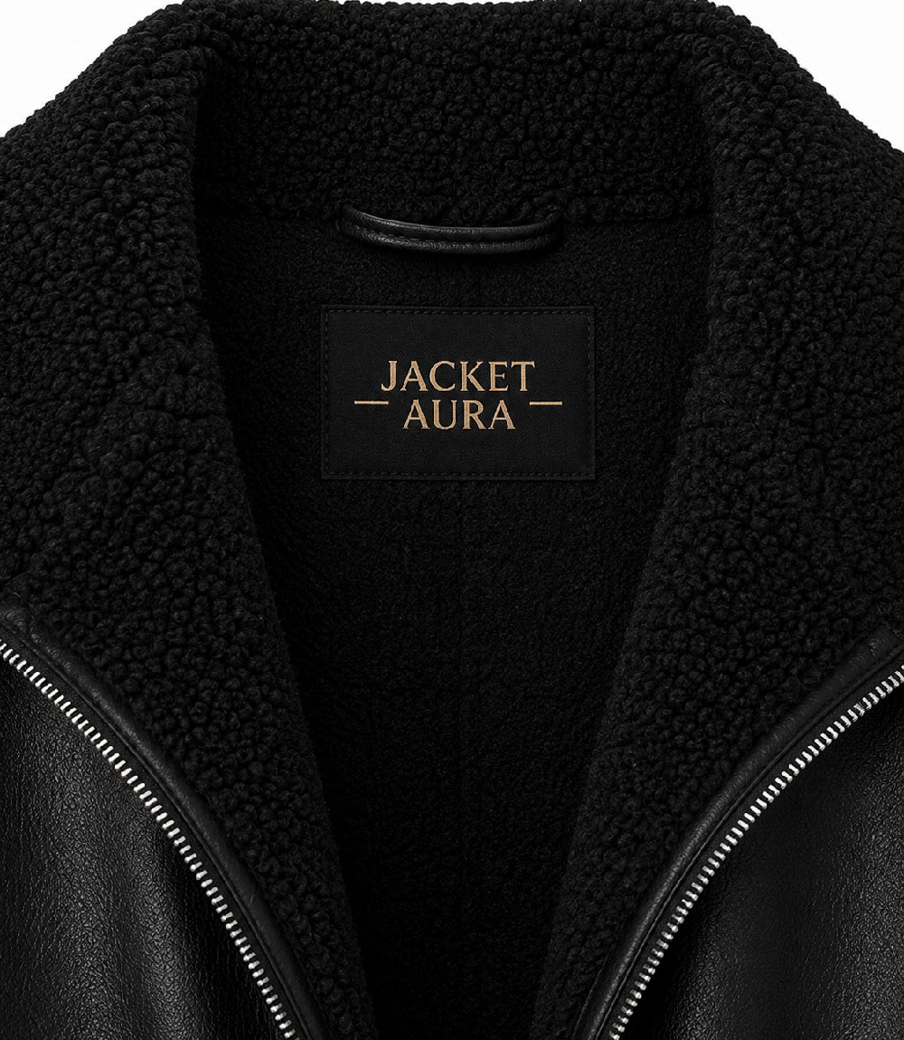 Women's Black Oversized Shearling Leather Jacket Collar - Jacket Aura