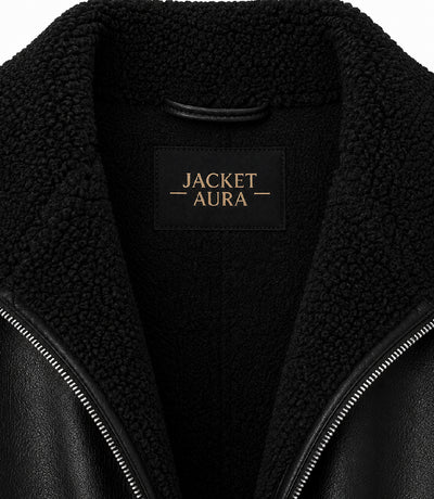 Women's Black Oversized Shearling Leather Jacket Collar - Jacket Aura