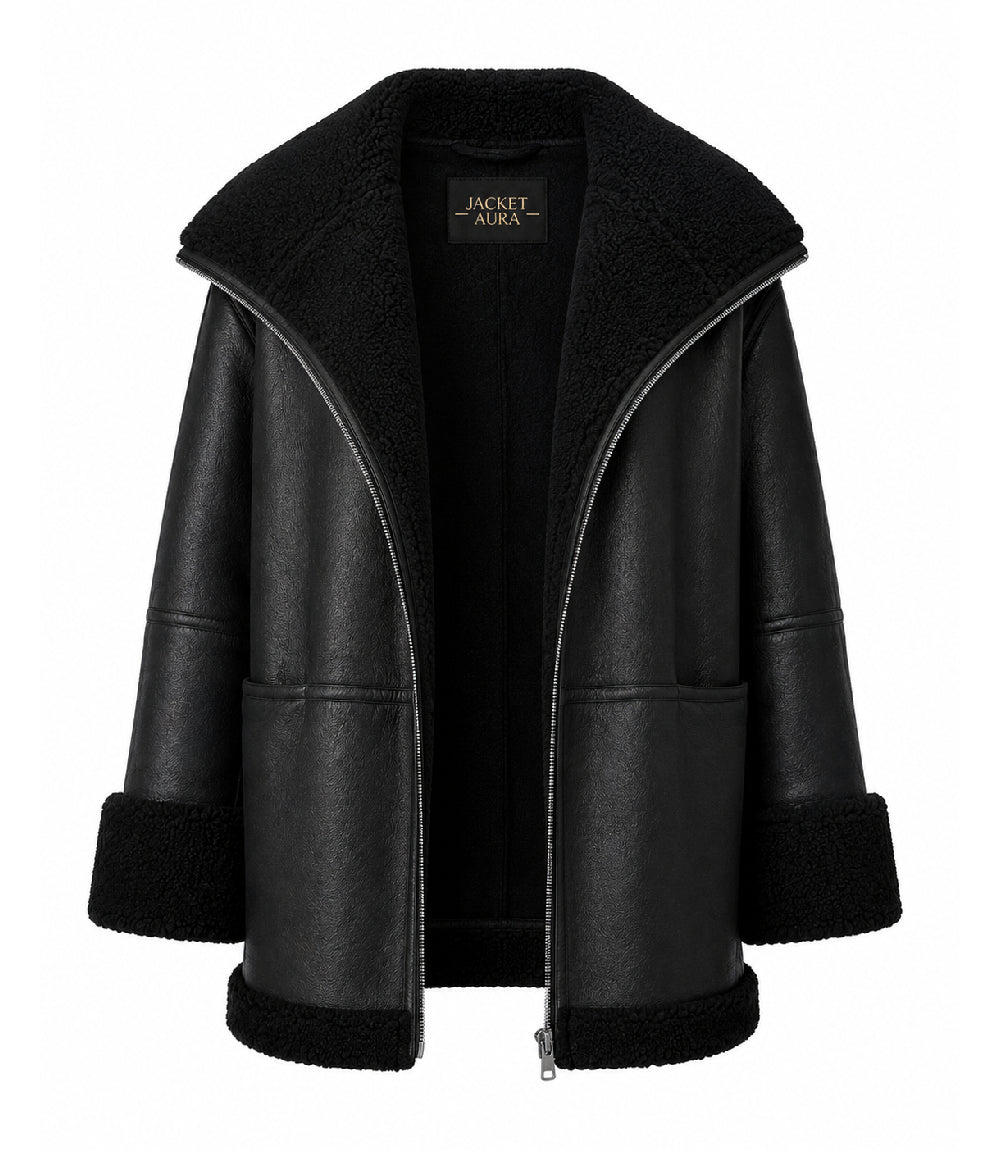 Women's Black Oversized Shearling Leather Jacket Front - Jacket Aura