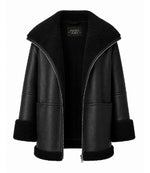Women's Black Oversized Shearling Leather Jacket Front - Jacket Aura
