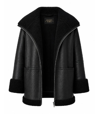 Women's Black Oversized Shearling Leather Jacket Front - Jacket Aura