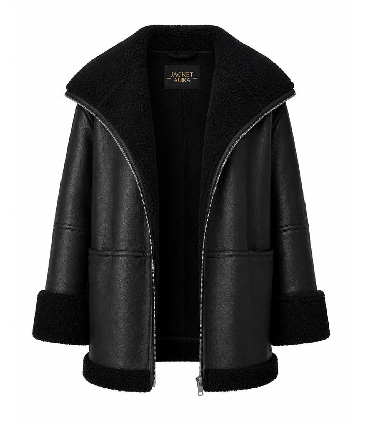 Women's Black Oversized Shearling Leather Jacket Front - Jacket Aura