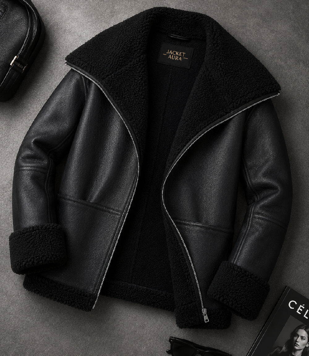 Women's Black Oversized Shearling Leather Jacket Front View - Jacket Aura