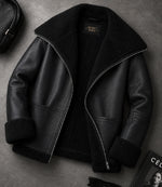 Women's Black Oversized Shearling Leather Jacket Front View - Jacket Aura