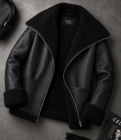 Women's Black Oversized Shearling Leather Jacket Front View - Jacket Aura