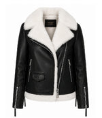 Women's Black Shearling Leather Aviator Jacket - Jacket Aura