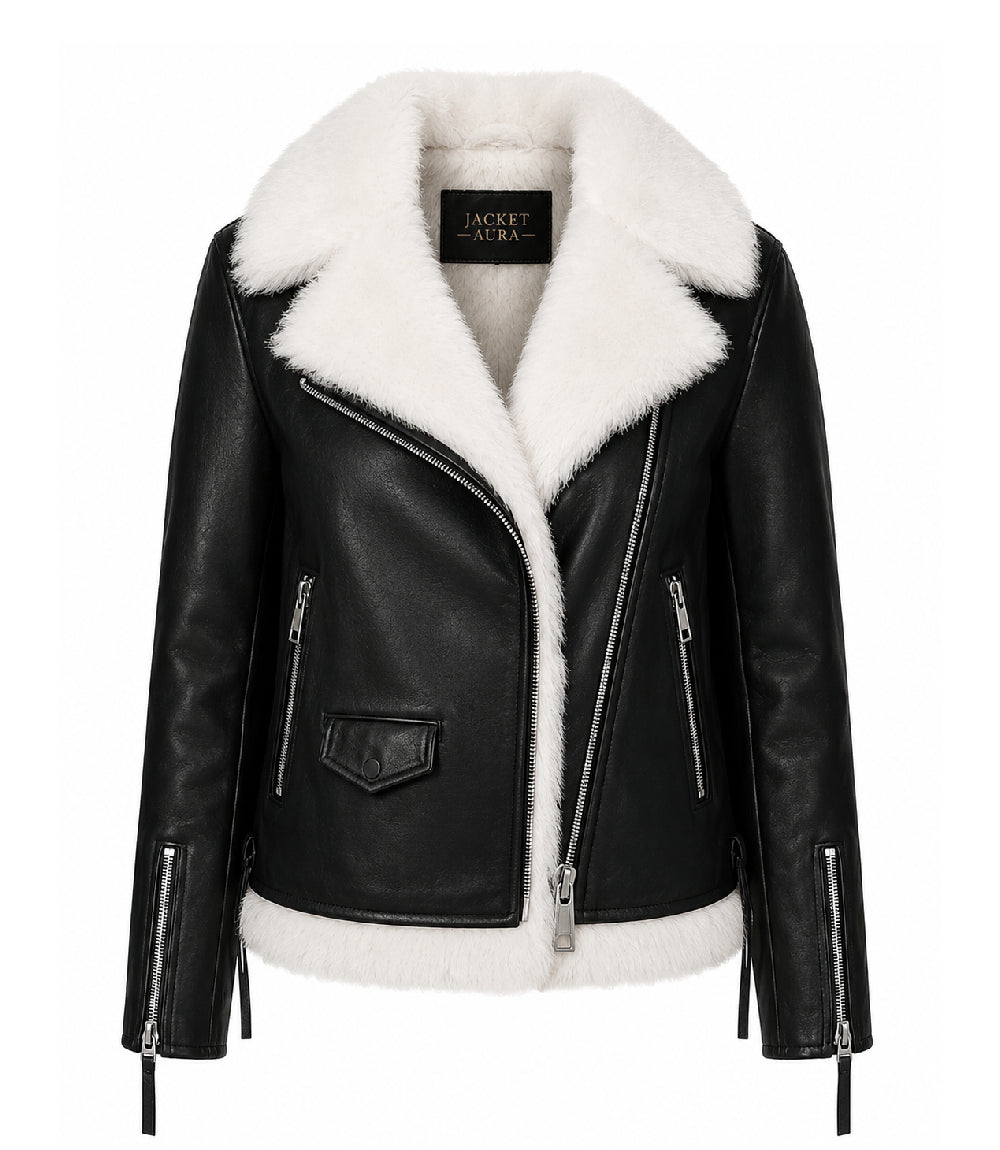 Women's Black Shearling Leather Aviator Jacket - Jacket Aura