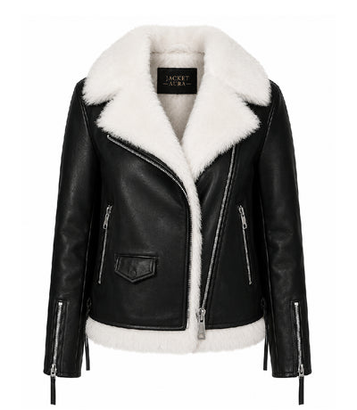 Women's Black Shearling Leather Aviator Jacket - Jacket Aura