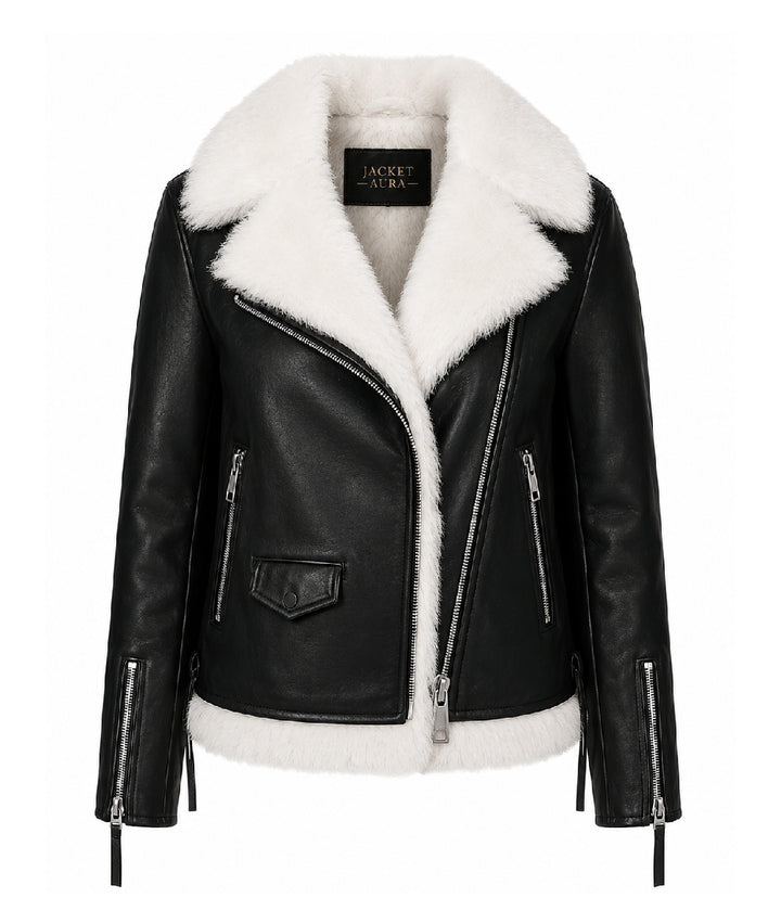 Women's Black Shearling Leather Aviator Jacket - Jacket Aura