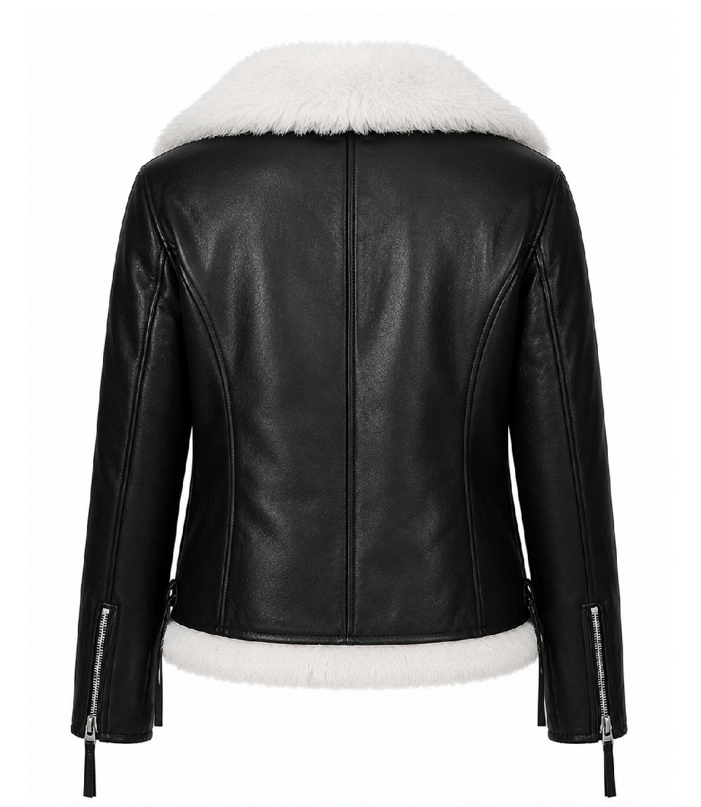 Women's Black Shearling Leather Aviator Jacket Back - Jacket Aura